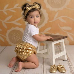 Baby Girl Birthday Cake Smash Outfit White Romper and Golden Shorts with Booties and Hairband Set of 4 Outfit O069 | 1Y | White Golden