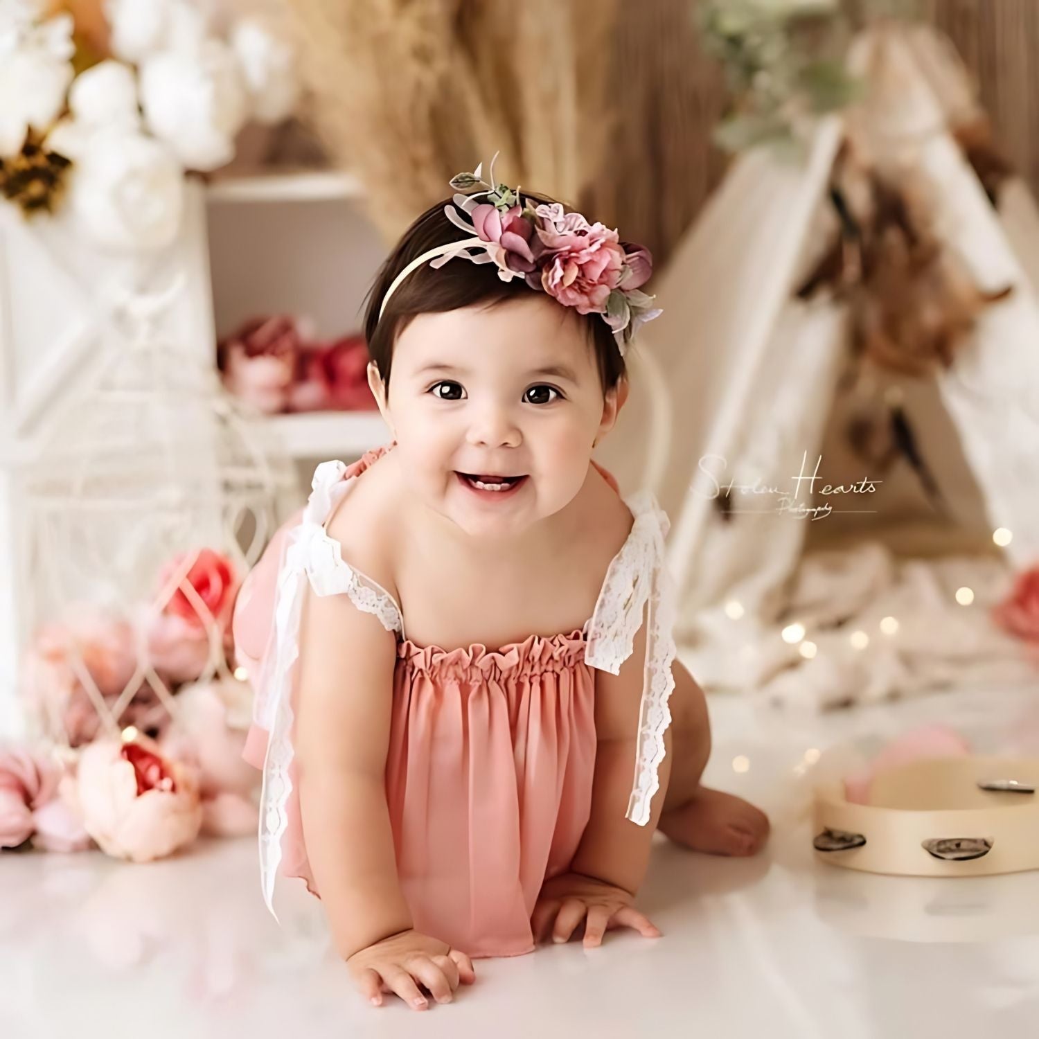 Baby Girl Chiffon Lace Embroidered Tie Knot Shoulder Sleeveless Top O142 | 3M | Peach