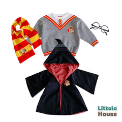 Baby Harry Potter Wizard Cosplay Halloween Costume Combo Hooded Robe, Magical Robe with Scarf and Sweater Outfit O152 | 18M | Multicolour