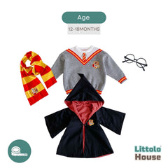Baby Harry Potter Wizard Cosplay Halloween Costume Combo Hooded Robe, Magical Robe with Scarf and Sweater Outfit O152 | 18M | Multicolour