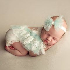 Baby Girl Lace Net Romper with Headband O156 | NB | Sage Green