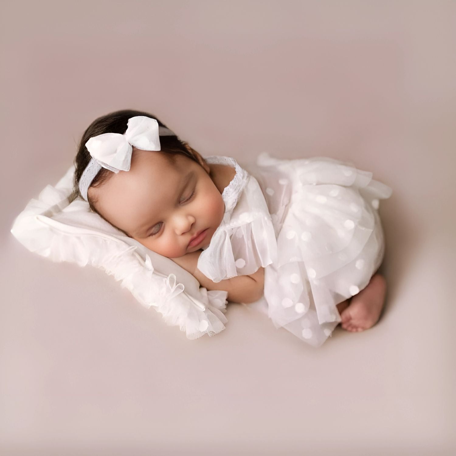Baby Girl Lace Frill Frock with Posing Aid, Headband & Shorts O158 | NB | White