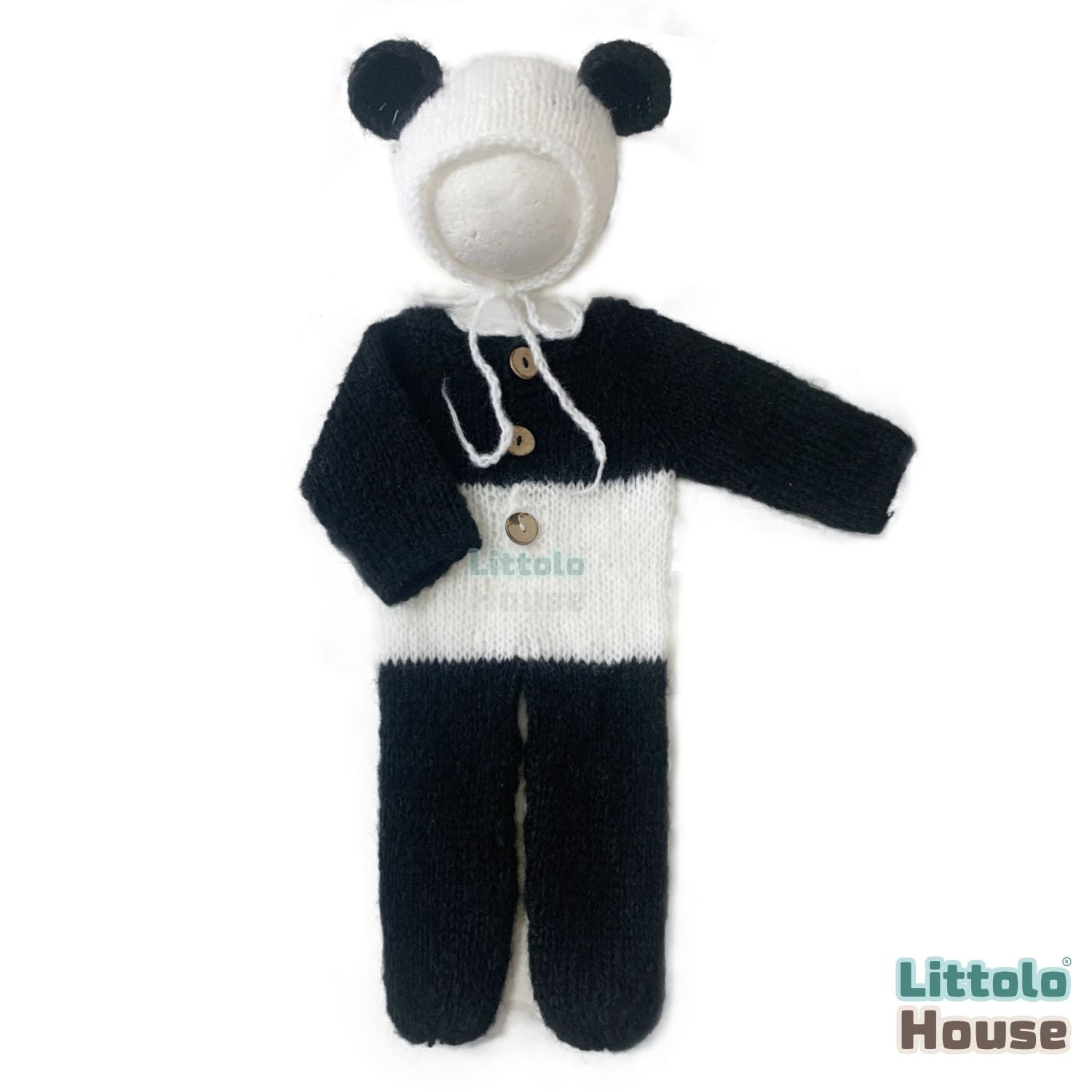Baby Panda Romper with Bonnet O180 | NB | Black White