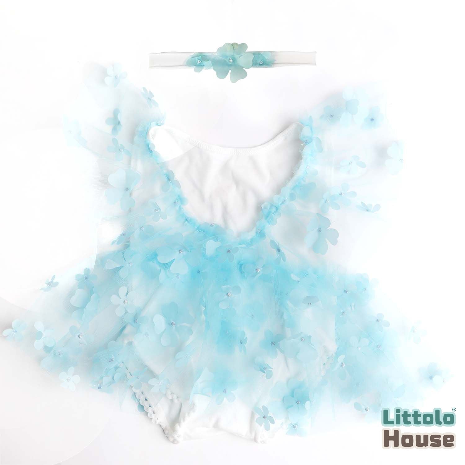 Baby Girl Net Lace Romper with Headband O208 | 3M | Sky