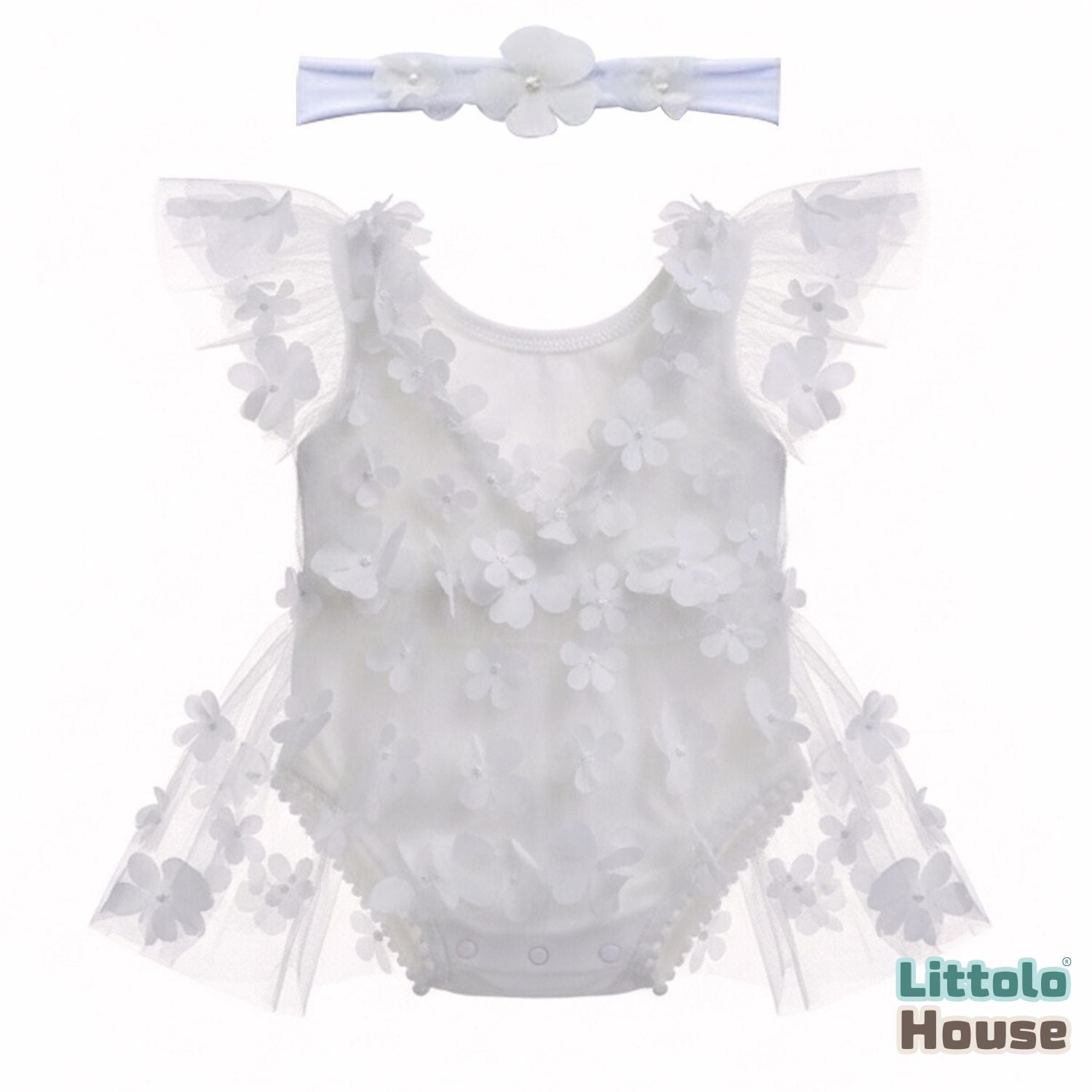 Baby Girl Net Lace Romper with Headband O208 | 3M | White