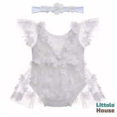 Baby Girl Net Lace Romper with Headband O208 | 3M | White