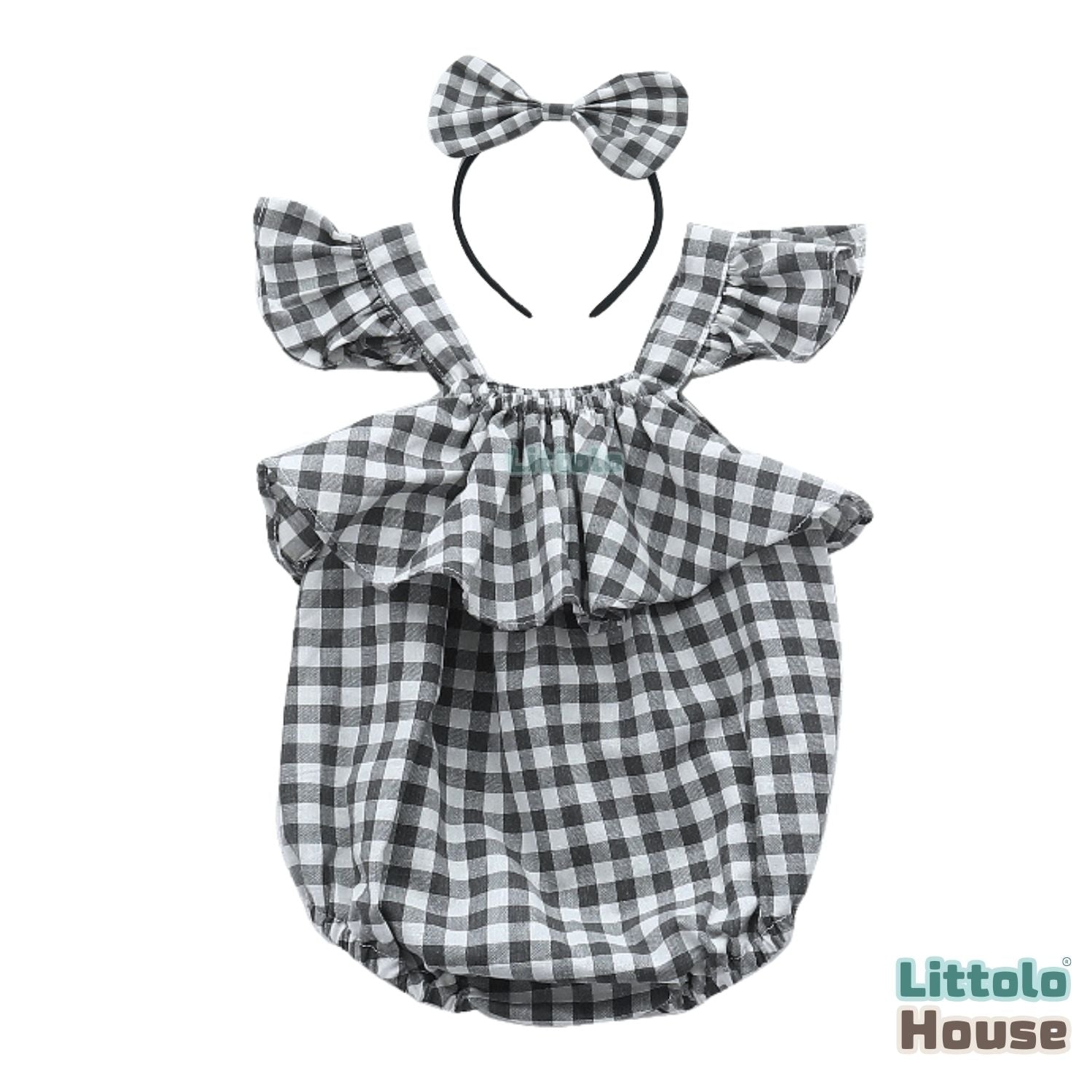 Baby Girl Chex Cotton Strapped Romper with Headband O211 |Black