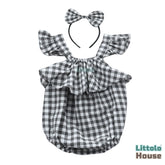 Baby Girl Chex Cotton Strapped Romper with Headband O211 |Black