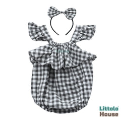 Baby Girl Chex Cotton Strapped Romper with Headband O211 |Black