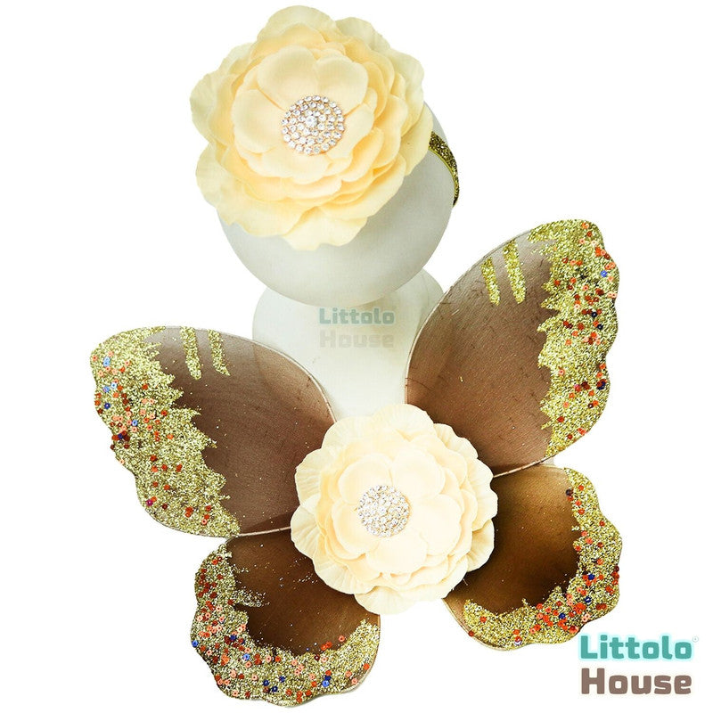 Baby Girl Butterfly Wings with Flower Headband O219 | 3M | Beige