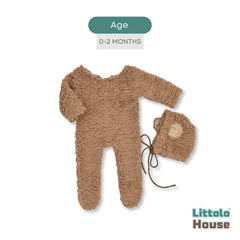 Baby Ultra Soft Fleece Romper with Bear Bonnet O231 | 2M | Brown