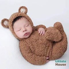 Baby Ultra Soft Fleece Romper with Bear Bonnet O231 | 2M | Brown