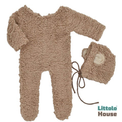 Baby Ultra Soft Fleece Romper with Bear Bonnet O231 | 2M | Brown
