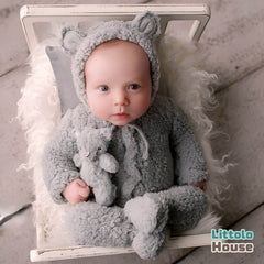 Baby Ultra Soft Fleece Romper with Bear Bonnet O231 | 2M | Grey