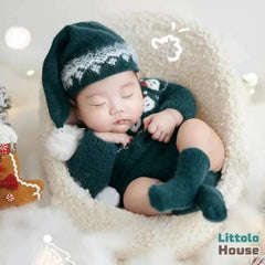 Baby Christmas Knitted Romper with Sleepy Hat & Socks O236 | 3M | Dark Green