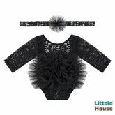 Baby Girl Flower Net Lace Romper with Headband O242 | 3M | Black