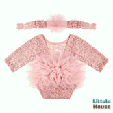 Baby Girl Flower Net Lace Romper with Headband O242 | 3M | Dusty Pink