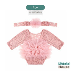 Baby Girl Flower Net Lace Romper with Headband O242 | 3M | Dusty Pink
