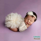 Baby Girl Flower Net Lace Romper with Headband O242 | 3M | Off White