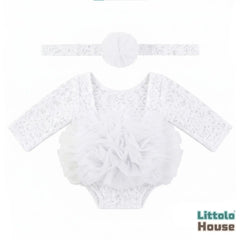 Baby Girl Flower Net Lace Romper with Headband O242 | 3M | White