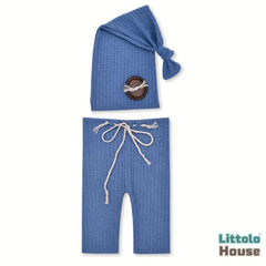 Baby Waffle Knit Knotted Hat & Pants Set O266 | NB | Denim Blue
