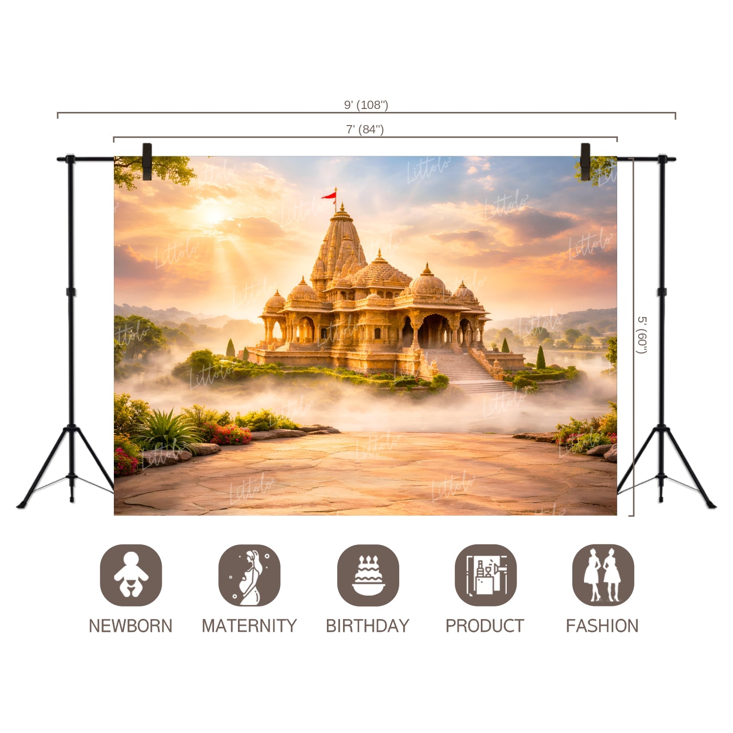 LB1595W Divine Ayodhya Sunrise Ram Navami Temple Wall Backdrop