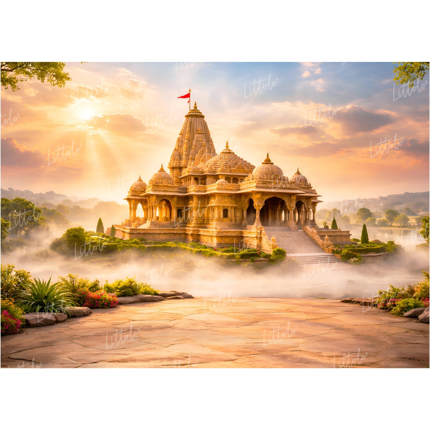 LB1595W Divine Ayodhya Sunrise Ram Navami Temple Wall Backdrop