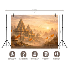 LB1598W Majestic Sunrise Ayodhya With Saffron Flags Wall Backdrop
