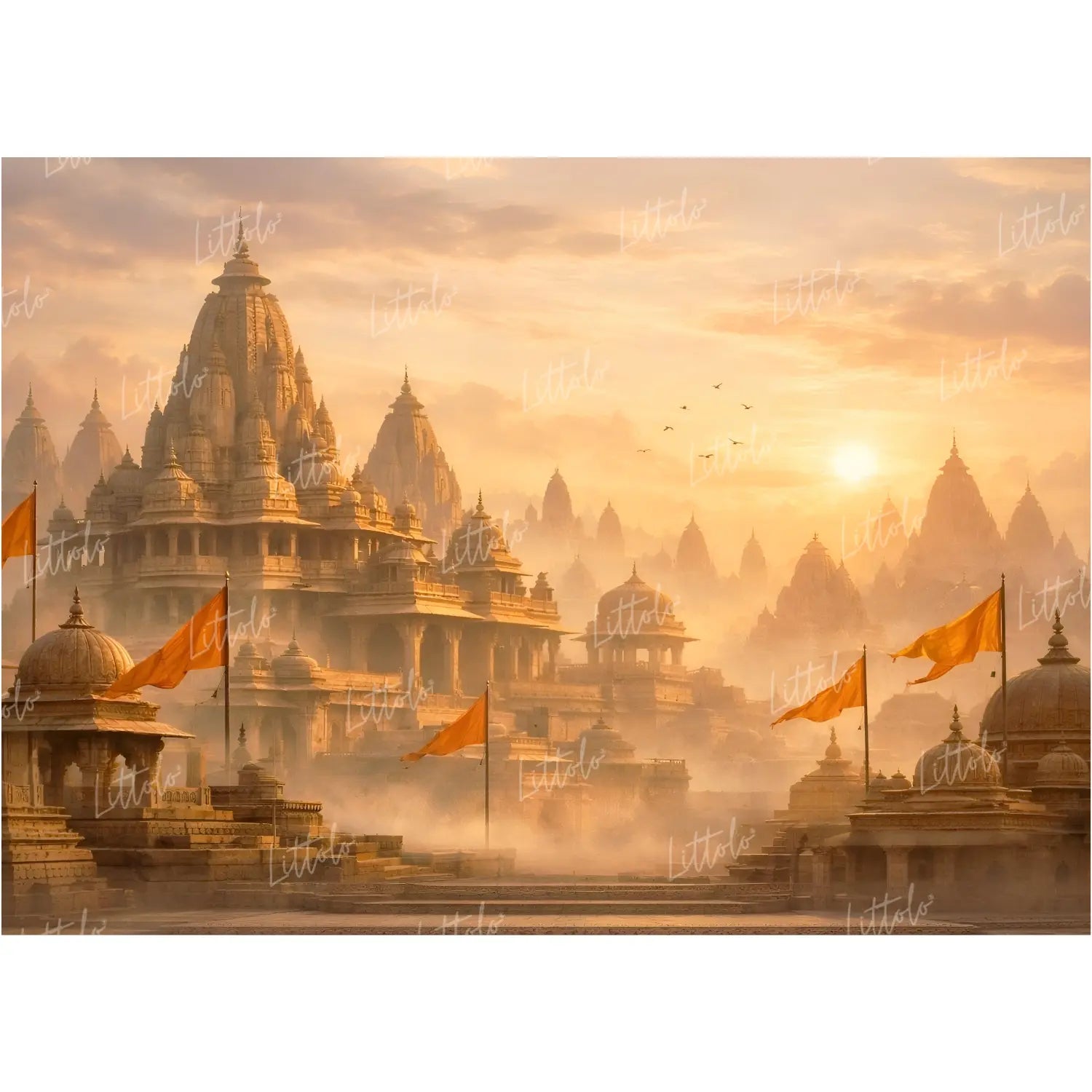 LB1598W Majestic Sunrise Ayodhya With Saffron Flags Wall Backdrop
