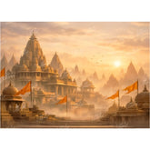 LB1598W Majestic Sunrise Ayodhya With Saffron Flags Wall Backdrop