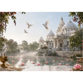 LB1642W Janmashtami Lotus Pond Temple Wall Backdrop