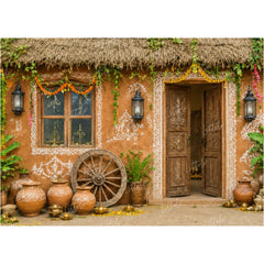 LB1643W Krishna Gokul Village Hut Wall Backdrop