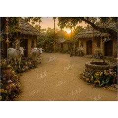 LB1646W Divine Krishna Nandgaon Village Wall Backdrop