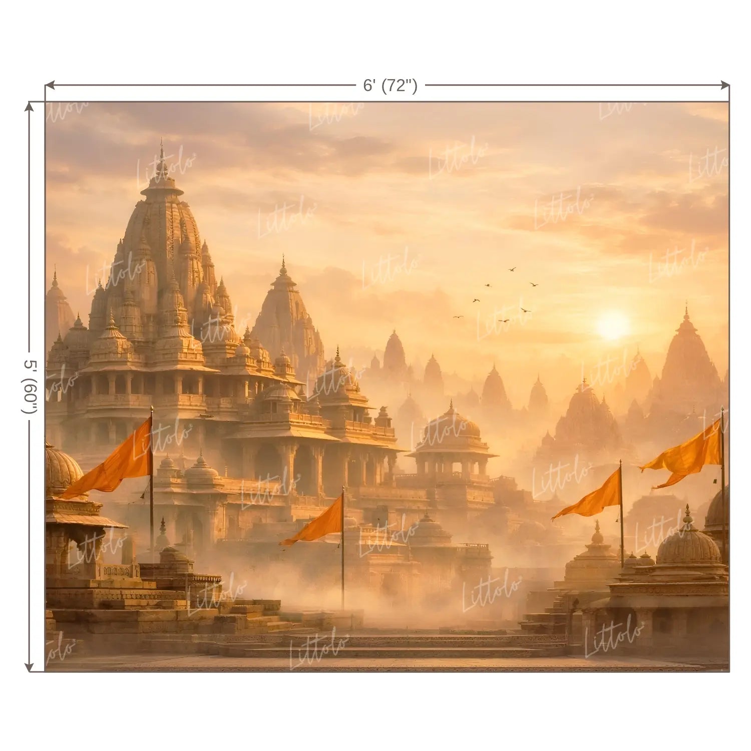 LB1598W Majestic Sunrise Ayodhya With Saffron Flags Wall Backdrop