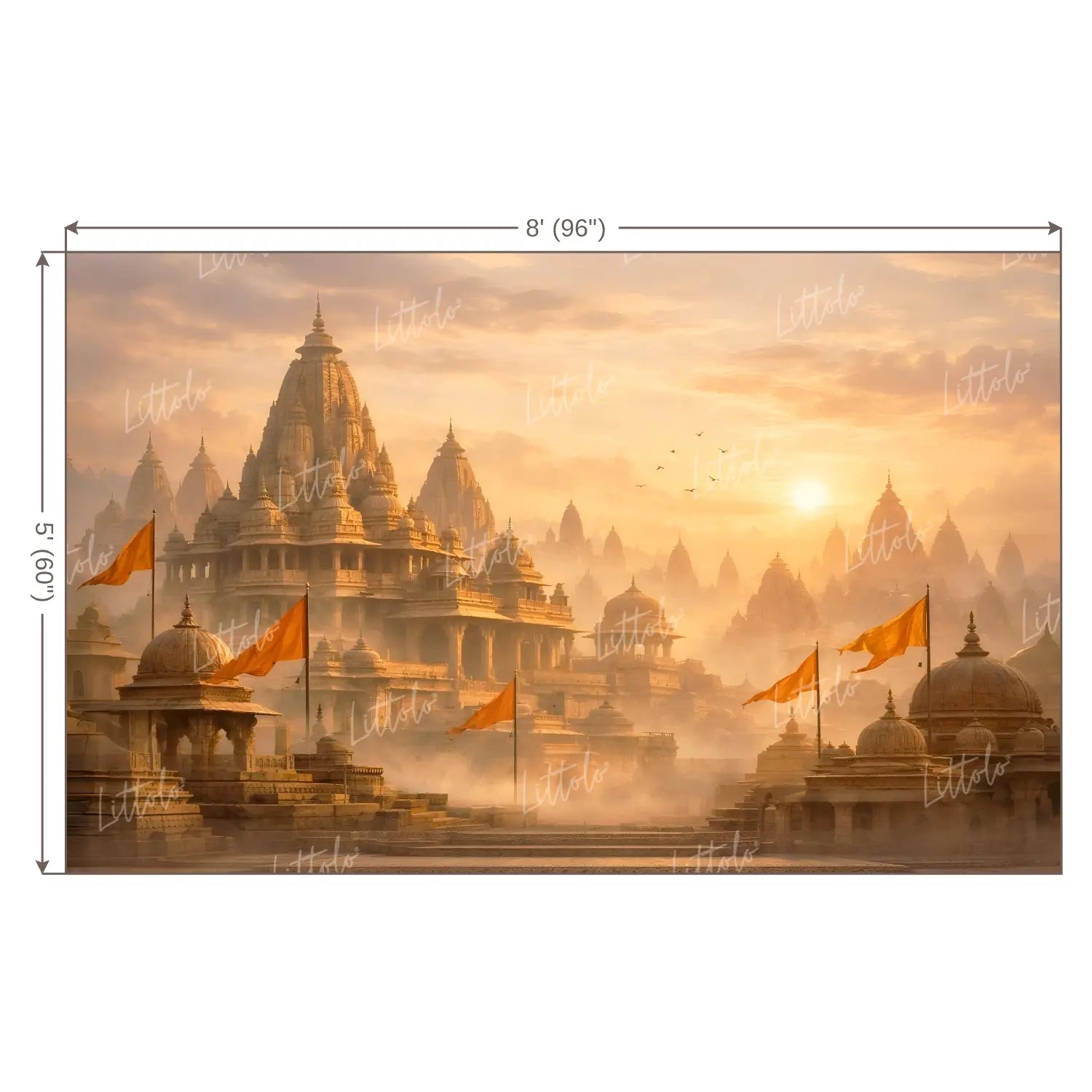 LB1598W Majestic Sunrise Ayodhya With Saffron Flags Wall Backdrop