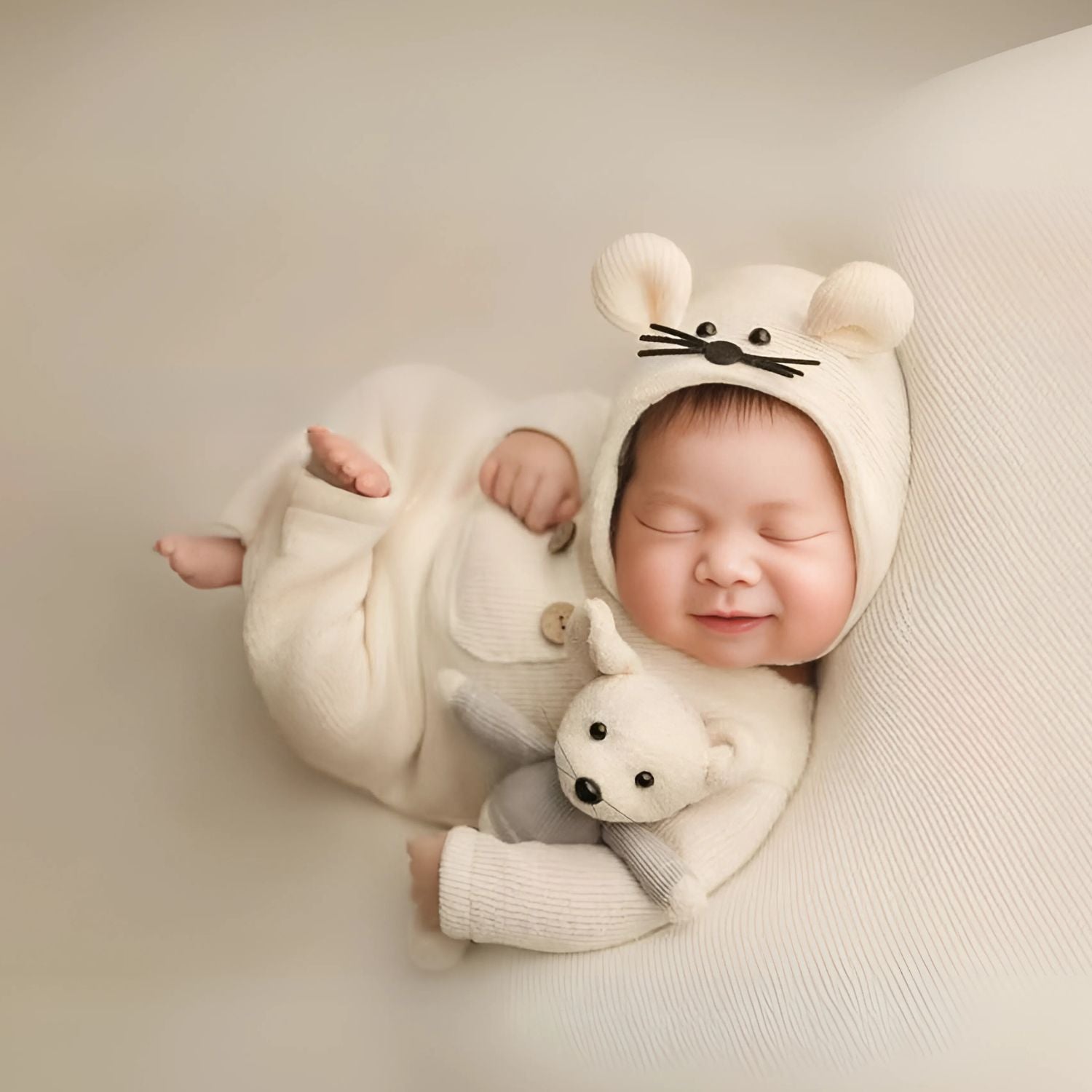 Baby Romper with Bonnet and Teddy SR020 | Set of 3 | 2M | Light Cream