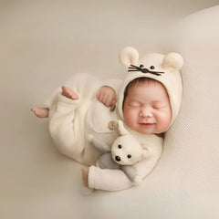 Baby Romper with Bonnet and Teddy SR020 | Set of 3 | 2M | Light Cream