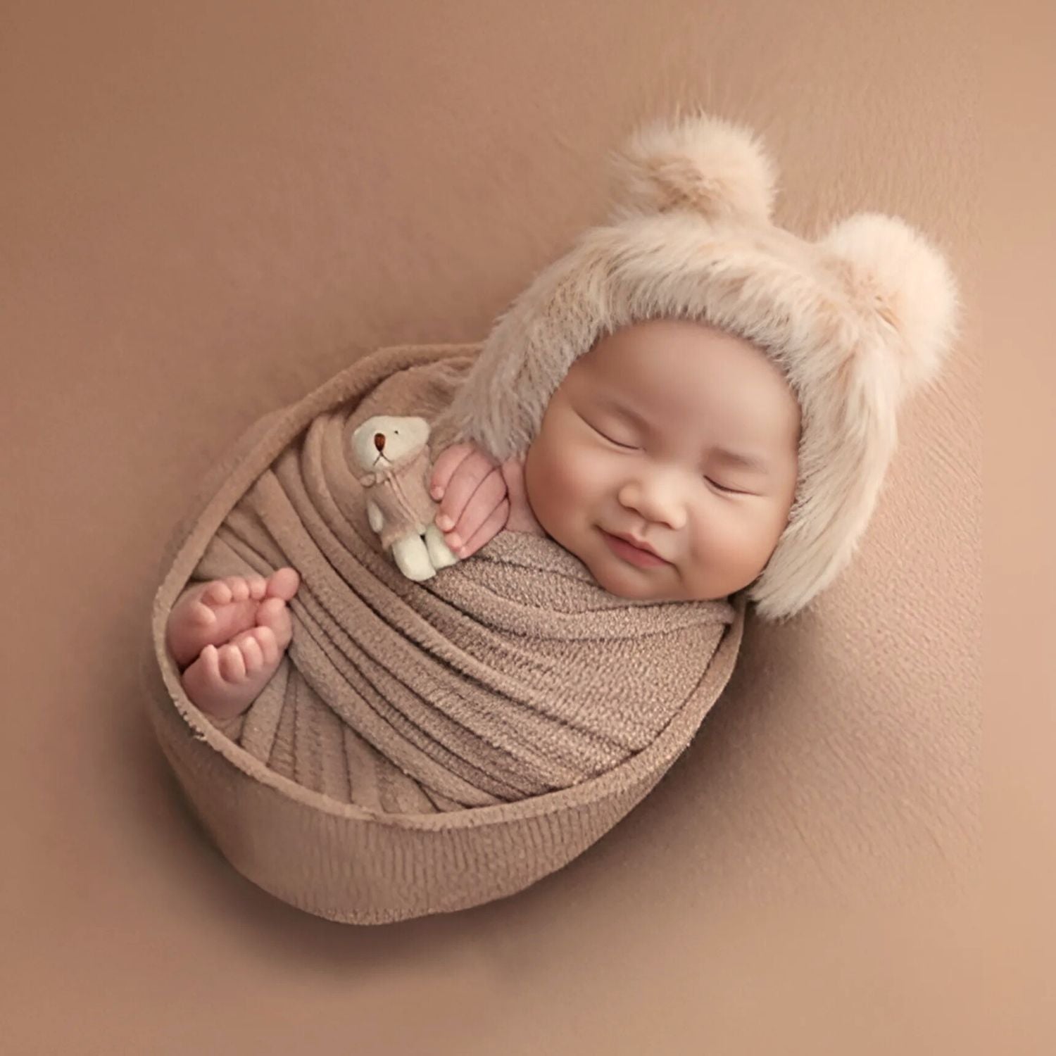 Baby Crochet Mohair Bonnet with Wrap and Teddy SR025 | Set of 3 | 3M | Caramel