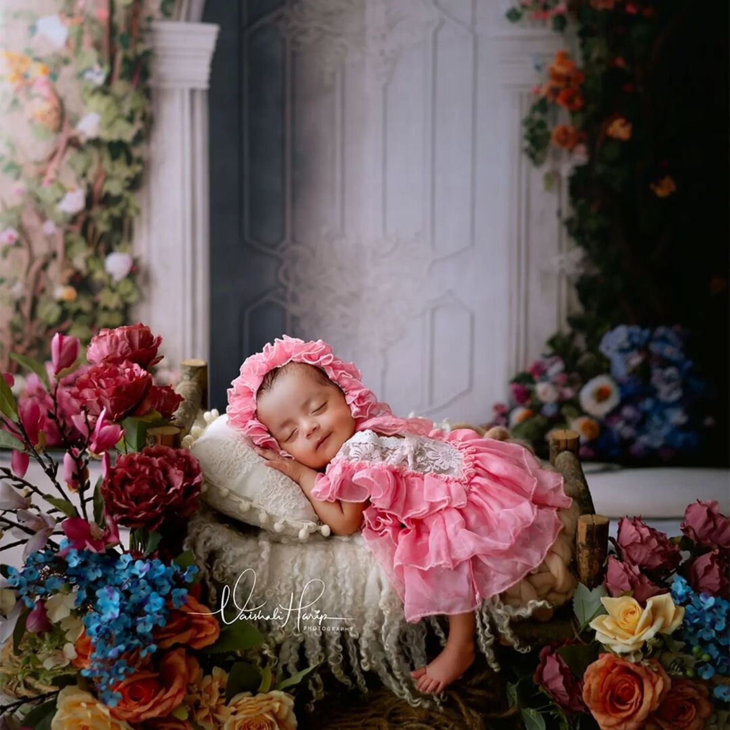 Baby Girl Lace Frill Frock with Bonnet Posing Aid and Botties SR030 | Set of 4 | 2M | Pink