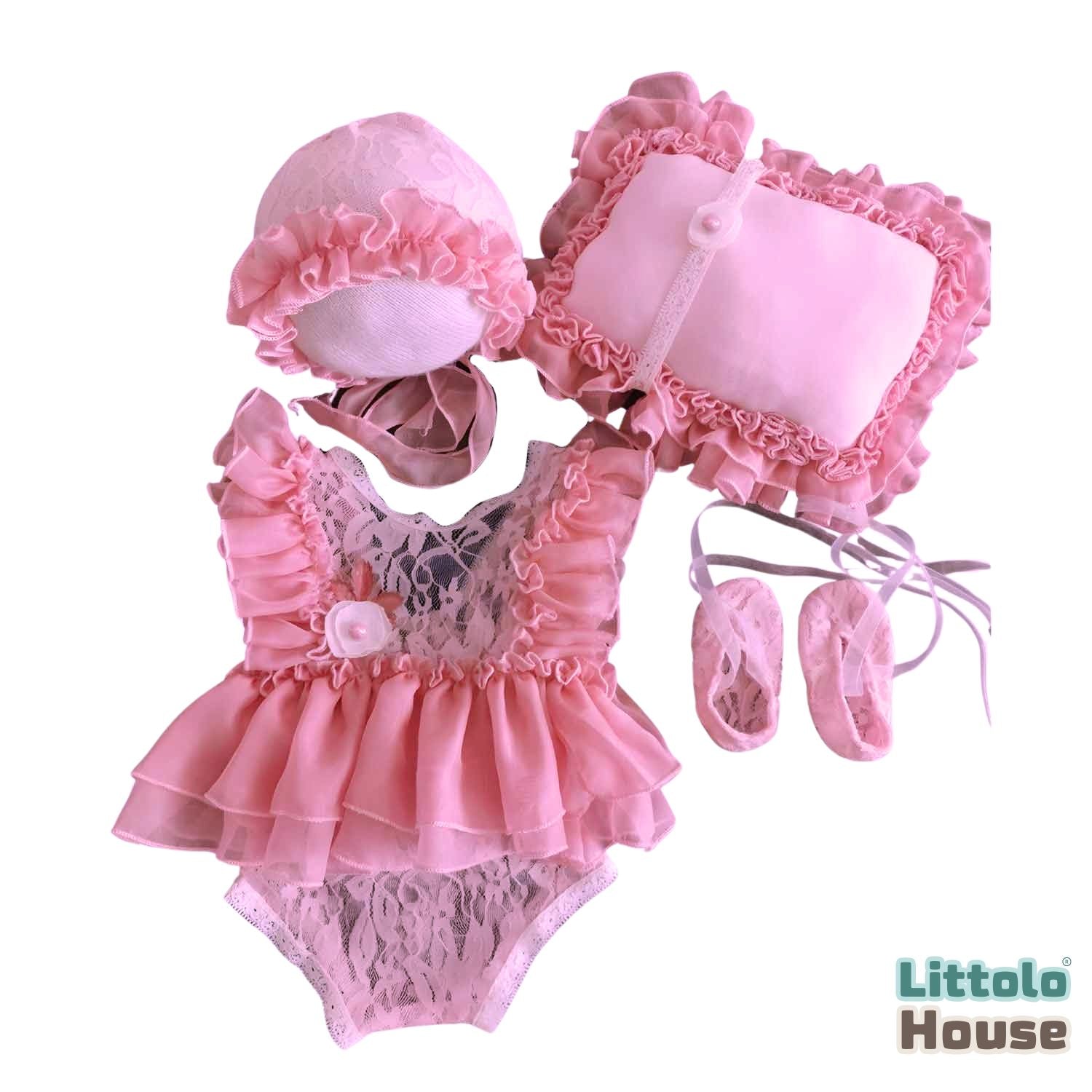 Baby Girl Lace Frill Frock with Bonnet Posing Aid and Botties SR030 | Set of 4 | 2M | Pink
