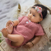 Baby Crochet Romper and Bonnet with Ears SR067 | Set of 2 | 3M | Blush Pink