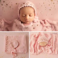 Baby Star Adorned Wool Knitted Baby Wrap & Bonnet Set of 2 SR095 | NB | Coral Pink