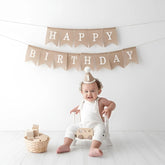 Happy Birthday Banner, Rustic Burlap Bunting Swallowtail Flags D082 Set of 1 | M | Khaki