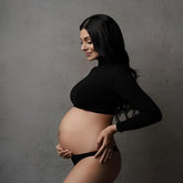 Maternity Turtle Neck Crop Top with Waist Hipster Shorts and White Veil M030 Maternity Bodysuit | M | Black