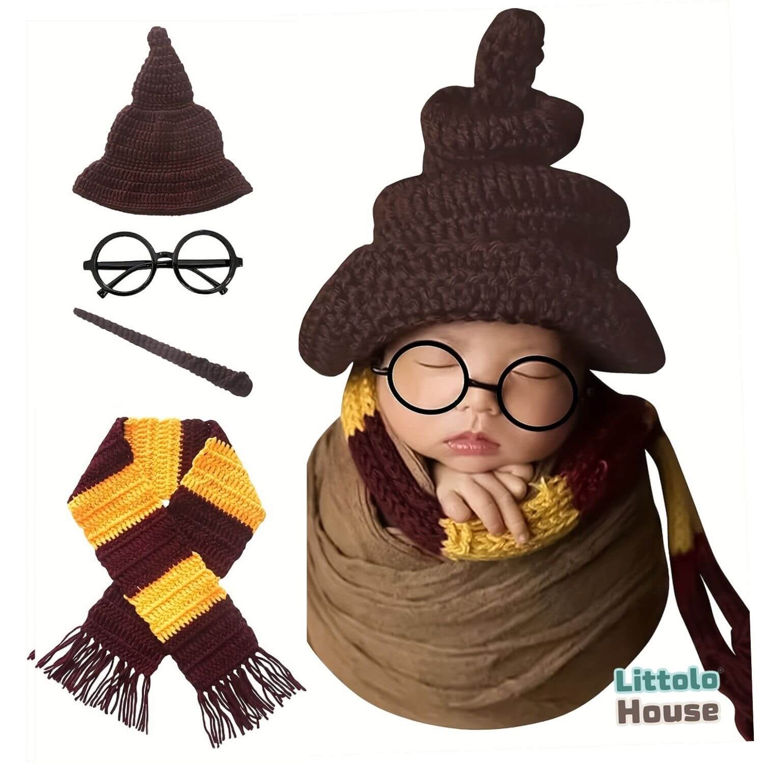 Baby Harry Potter Crochet Scarf with Crochet Wand and Goggles A039 | NB | Brown