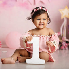 Baby Girl Lace Off-Shoulder Top with Bow Headband O209 | 1Y | Pink