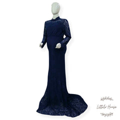 Lace Net Highneck Dress M043 | L | Denim