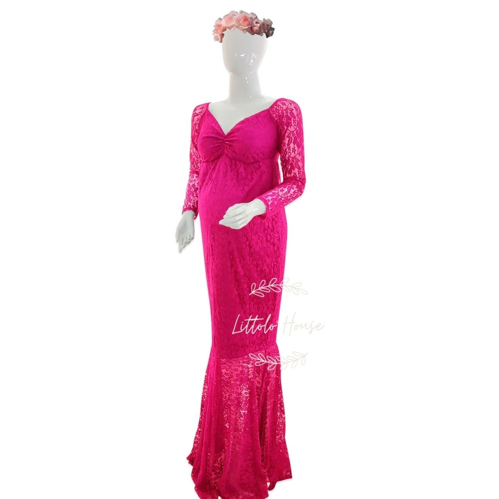 Long Lace Sleeves Maxi Dress M029 Maternity Gown | L | Dark Pink