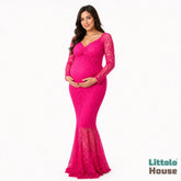 Long Lace Sleeves Maxi Dress M029 Maternity Gown | L | Dark Pink