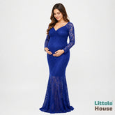 Long Lace Sleeves Maxi Dress M029 Maternity Gown | L | Royal Blue